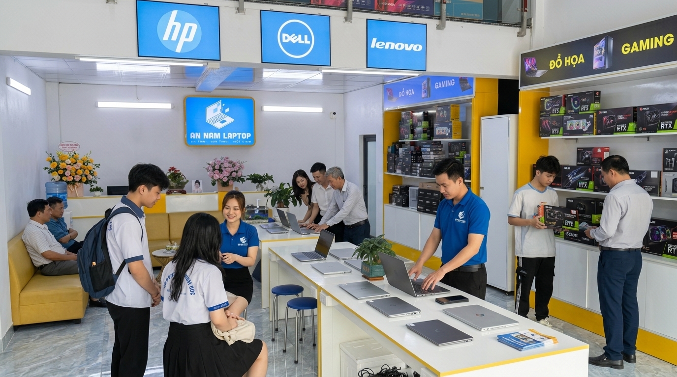 Không gian trưng bày máy tính bên trong showroom An Nam Laptop